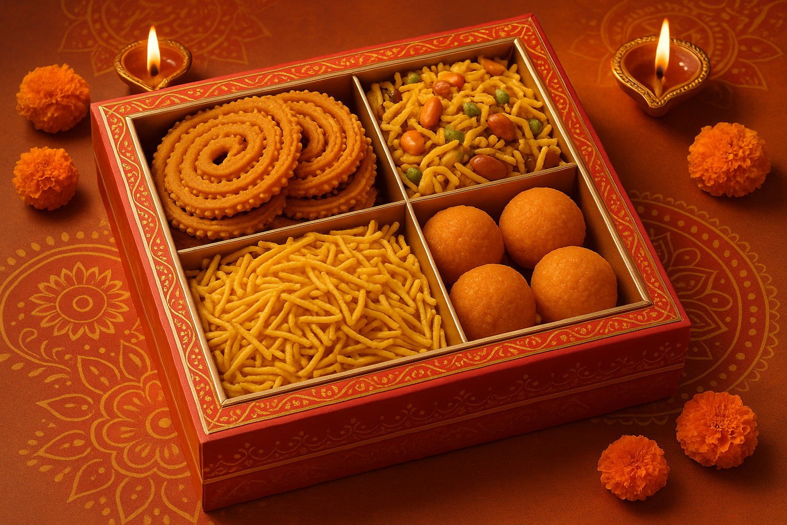 Diwali Faral box include chakali, chivda shev ladoo